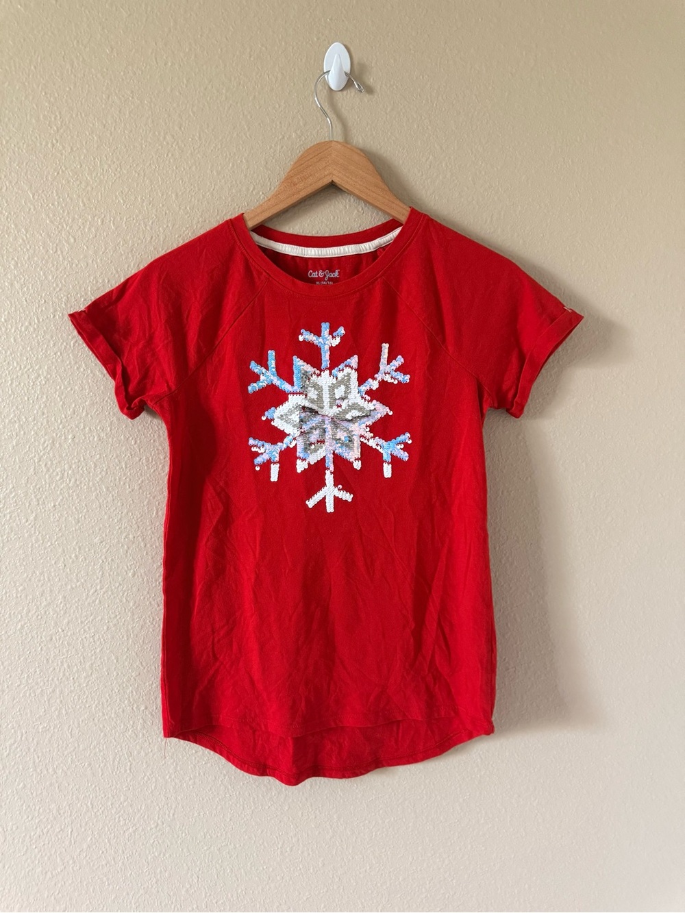 Cat & Jack Red Tee with Pink and Silver Sequin Cross